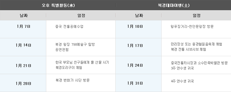 오후 특별활동 및 북경테마여행 일정